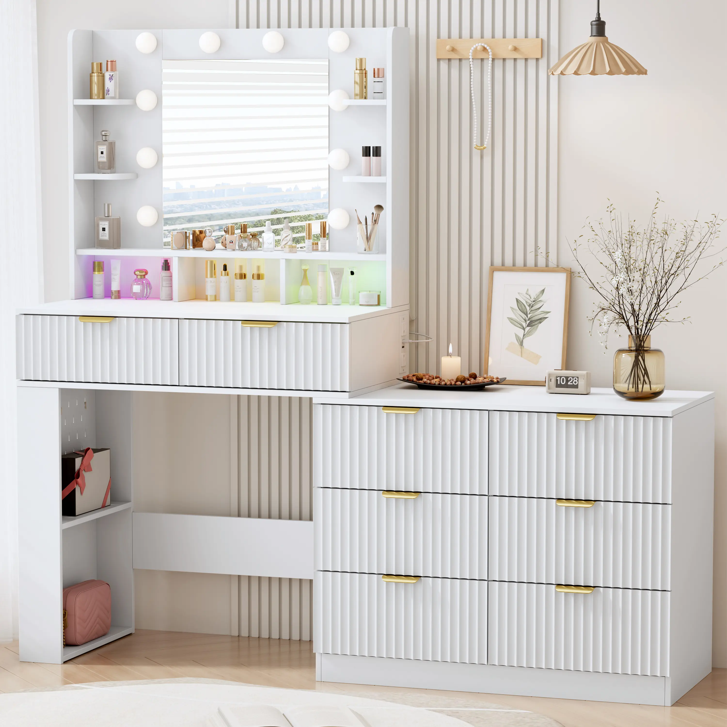 54” Luxury-Inspired Illuminated Makeup Vanity Desk - Stylish Drawer-Equipped Color-Tuned Bedroom Dressing Table with 7 Drawers, Adjustable Color Lighting, Ideal Father's Day Gift for Her, Stylish Makeup Vanities, Illuminated Makeup Vanities