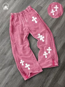 Unisex Street Style Cross Print Washed Cotton Long Pants, Casual Straight Leg Sportswear, Y2K Gothic Fashion, Men's Gift