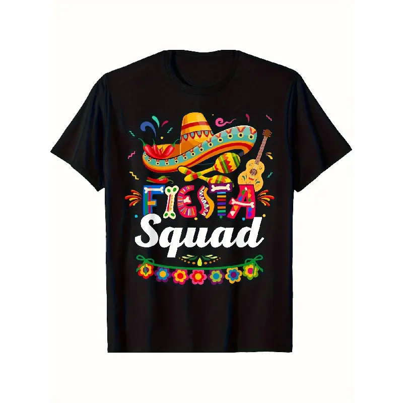 Men's Graphic Print T-Shirt for Cinco De Mayo, Casual 'Fiesta Squad' Streetwear, Comfy Shortsleeve Round Neck for Summer