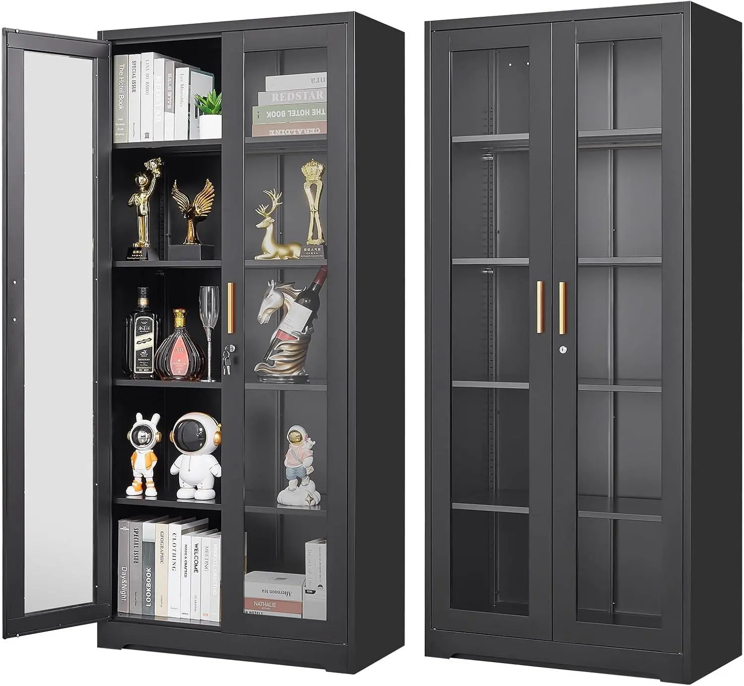 【Summervibes】Ubesgoo Glass Display Cabinet with Lock, Metal Curio Cabinet with Tempered Glass Doors & Adjustable Shelves, Heavy-Duty China Cabinets for Living Room, School, Commercial, Black, Assembly Required