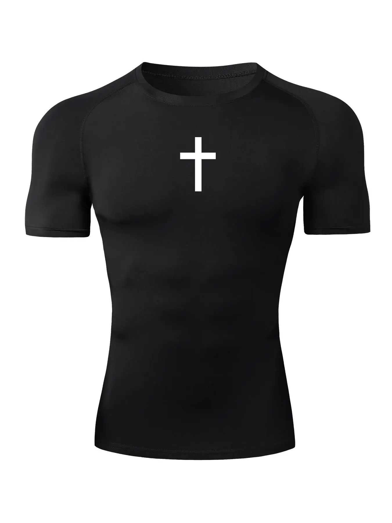 Sporty Men's Cross Print Round Neck Raglan Sleeve Sports Tee, Quick Drying Breathable Short Sleeve Crew Neck T-Shirt for Gym Workout Running, Casual S