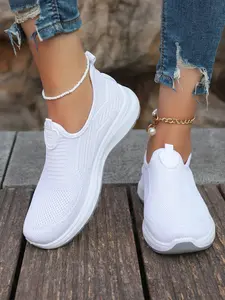 Women's Fashion Solid Color Low Top Slip-On Sneakers, Breathable Walking Shoes, Casual Comfortable Round Toe Sports Shoes