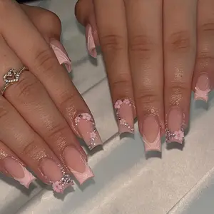 Flower & Bling Rhinestone Decoration Fake Nails with Nail File & Tape, 24pcs/set Square Press on Nails for Women & Girls DIY Nail Art, Elegant Rhinestone Decorated Stick on Nails Kit