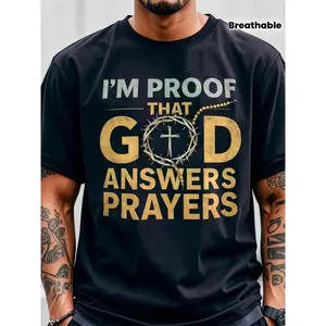 Men's Christian T-Shirt "I Am God's Response to Prayer" with Crown & Cross Design - Golden Lettering, Ultra-Soft Breathable Fabric, White/Black Round Neck Short Sleeve Shirt for Church, Easter,  - Religious Apparel for Prayer Meetings