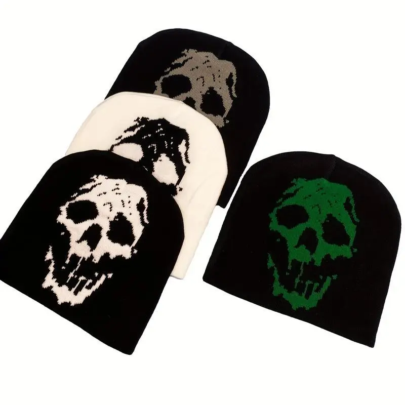Women's Y2K Skull Print Acrylic Knit Beanie - 100% Acrylic, Elastic Jacquard Winter Skull Cap, Trendy Cozy Female Accessory in Black, White & Green for Versatile Style