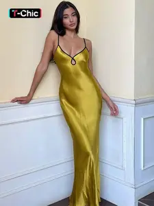 Women's Contrast Binding Backless Cami Satin Bodycon Stretch Dress, Solid Color Tie Back Long Dress for Party Club Dating Wear, Women's Clothing for Spring & Fall, Womenswear, Lady Formal Wear, Elegant Classy Flattering, Elegant Backless Dress