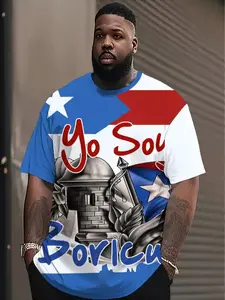 Men's Large Size Puerto Rican Theme 3D Print Geometric T-Shirt, Casual Streetwear Round Neck Polyester Tee, Slight Stretch Regular Fit Knit Fabric