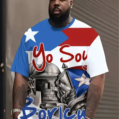 Men's Large Size Puerto Rican Theme 3D Print Geometric T-Shirt, Casual Streetwear Round Neck Polyester Tee, Slight Stretch Regular Fit Knit Fabric, Tops, Casual Summer Top, Graphic Tees Apparel