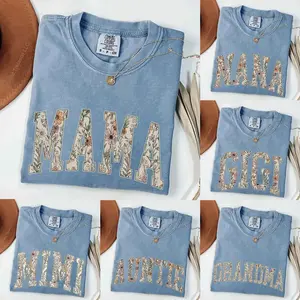 Comfort Colors Custom Mama Floral T-Shirt - Blue Jean Color, Personalized Grandparent Gift, Floral Grandma, Mama, Nana, Aunt, Mimi, Gigi, Mamaw, Gammie Shirt - AMBER