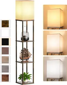 Floor Lamp with Shelves for Living Room Brown, Shelf Floor Lamp with 3 CCT LED Bulb, Corner Display Standing Column Lamp Etagere Organizer Tower Nightstand with White Linen Shade for Bedroom
