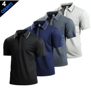 Four-piece color-block men’s polo shirts in a business-casual style. Classic notched lapels paired with thin black piping add refined details, while button embellishments at the placket create a clean, streamlined look. Short sleeves are suitable for mult