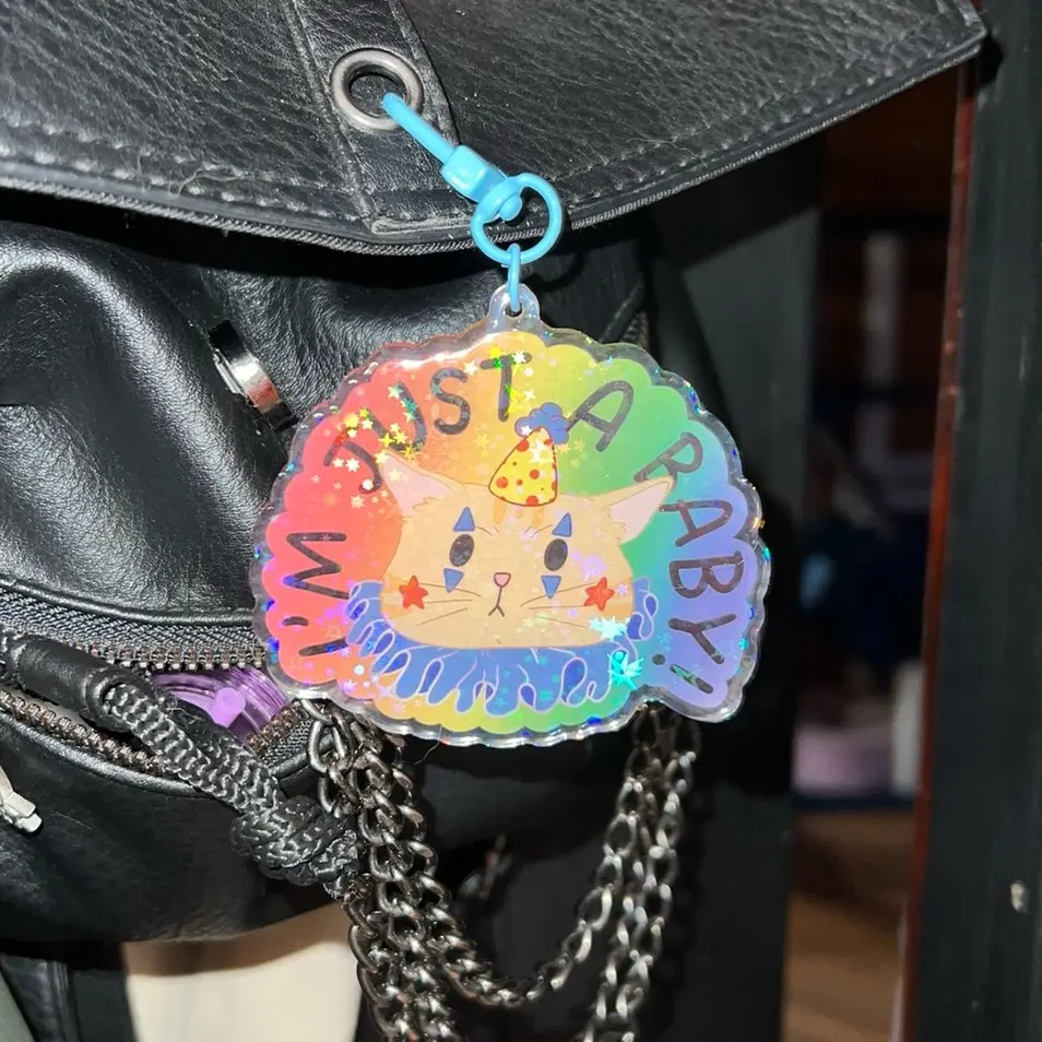 Cat Clown Holographic Acrylic Keychain (3in)| Orange Cat Keychain, Cute Sad Clown Charm, Just A Baby Rainbow Cat, Kawaii Cat Acrylic Charms keyrings and purse keychains