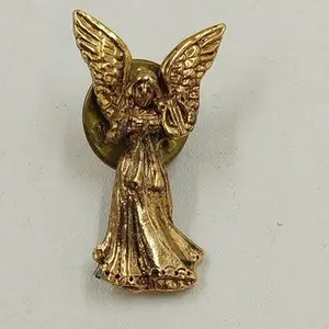 Gold Tone Guardian Angel Playing Harp Instrument Figure Brooch Lapel Pin