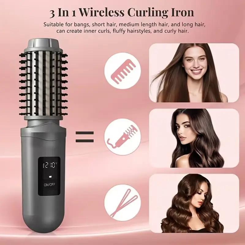 Wireless curling comb, straightening comb, Straightener and curler, USB-powered functional Styling comb with LED screen and three temperature settings, Lightweight and portable, suitable for travel and home use
