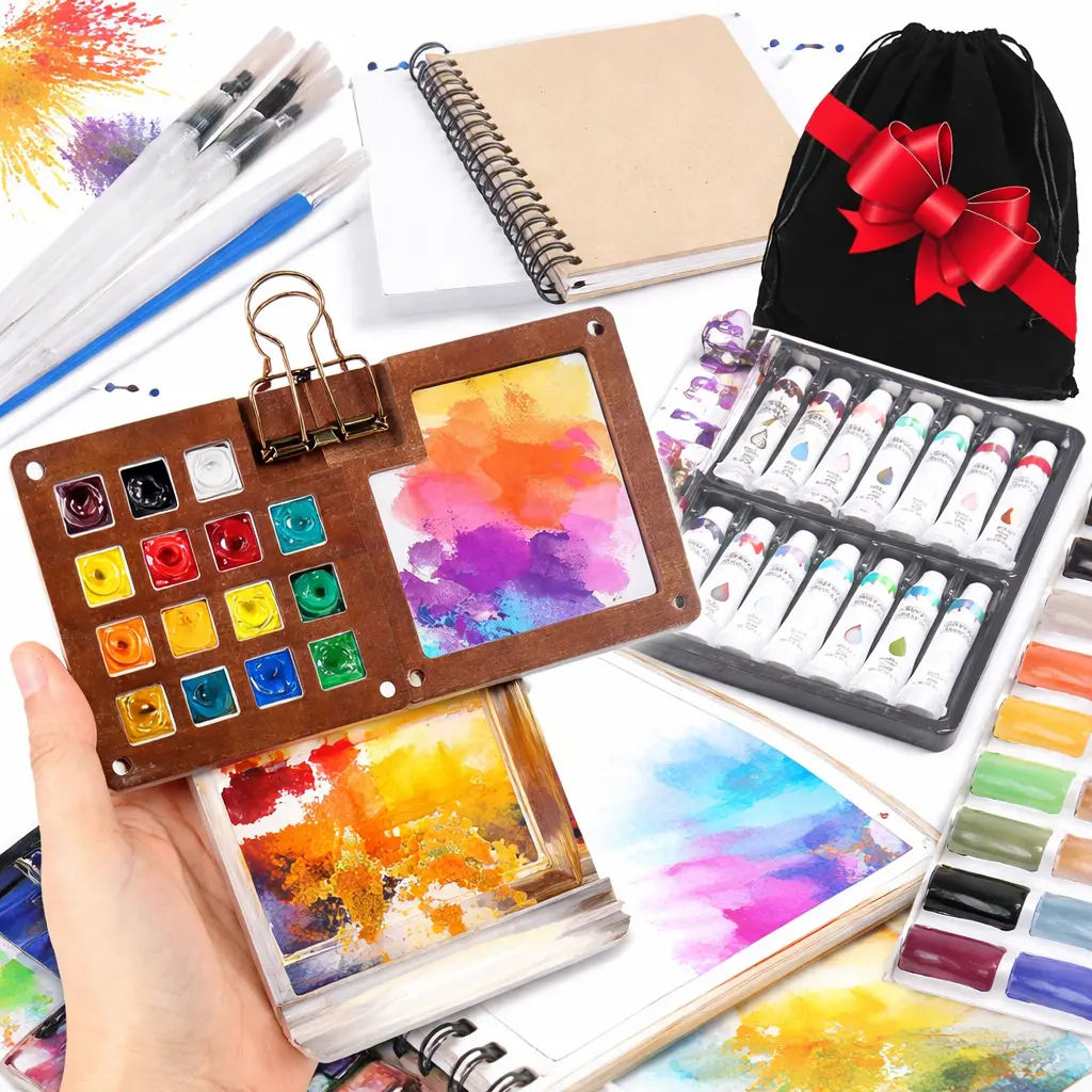 Mini Watercolor Paint Set, Pocket Watercolor Travel Set – Portable Watercolor Palette Kit with, Water Brush, 40-Sheet Sketchbook, Copper Clip & Storage Bag – Compact Art Supplies for Beginners, Outdoor Painting Enthusiasts