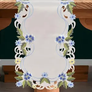 Eternal Grace – Blue and Green Lace White Table Runner, European Embroidery Decorative Décor 14*108 inch