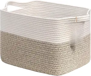 Goodpick Woven Storage Basket, Cotton Rope Basket for Dog Toys, Books, Stylish Gift Basket with Handles, 13 x 10 x 9 Inches Square Baskets for Organizing, Brown and White