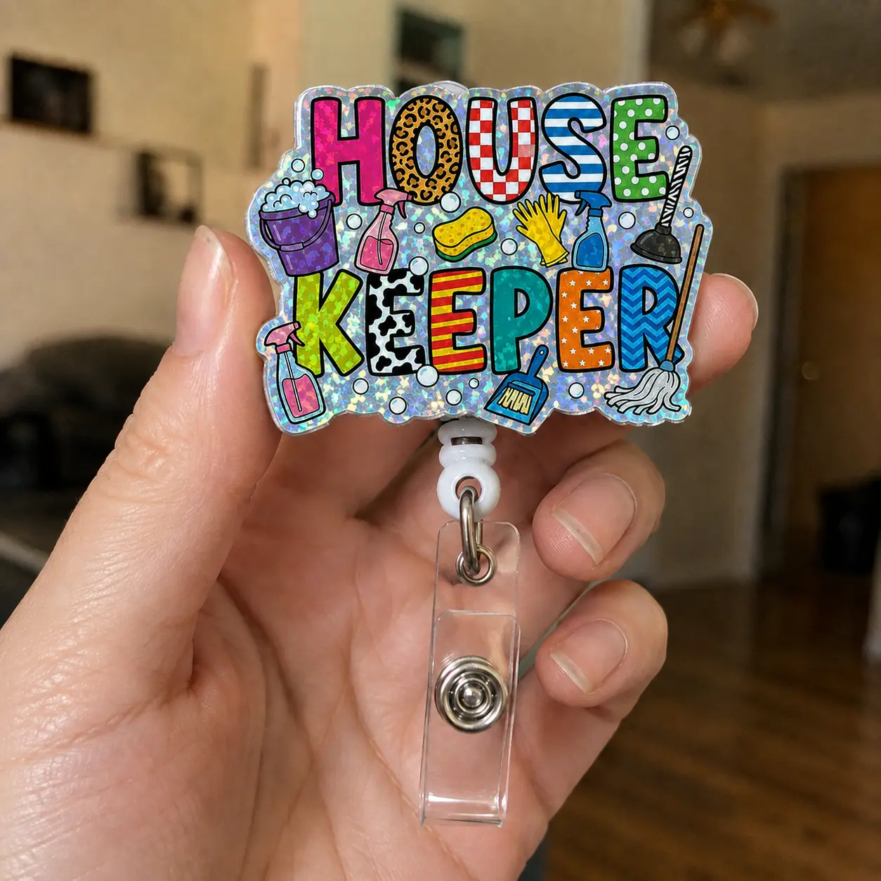 Housekeeper Badge Reel, Colorful Acrylic Retractable ID Badge Holder for Cleaning Crew, Custodial and Hospital Housekeeping Staff