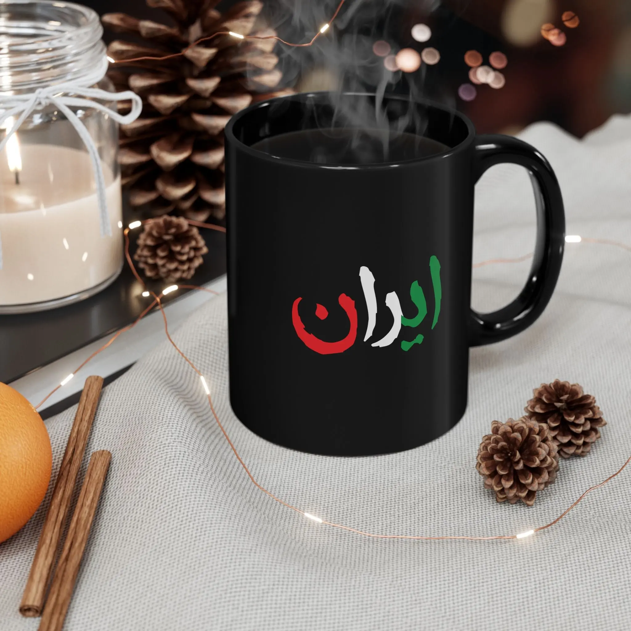 Iran Mug - Persian Script Flag Colors (Black Ceramic, 11oz & 15oz)