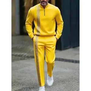 Men's European American-Style Sportswear Set Half-Zip Top & Matching Trousers Golden Greek Fretwork Design Comfortable Fabric for Daily Streetwear