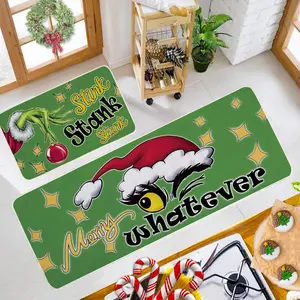 Christmas Kitchen Floor Rugs Kitchen Mat Set of 2, Merry Christmas Green Kitchen Decorations Indoor, Non Slip Soft Washable Kitchen Mats Decor Also for Sink Bathroom and Laundry Room