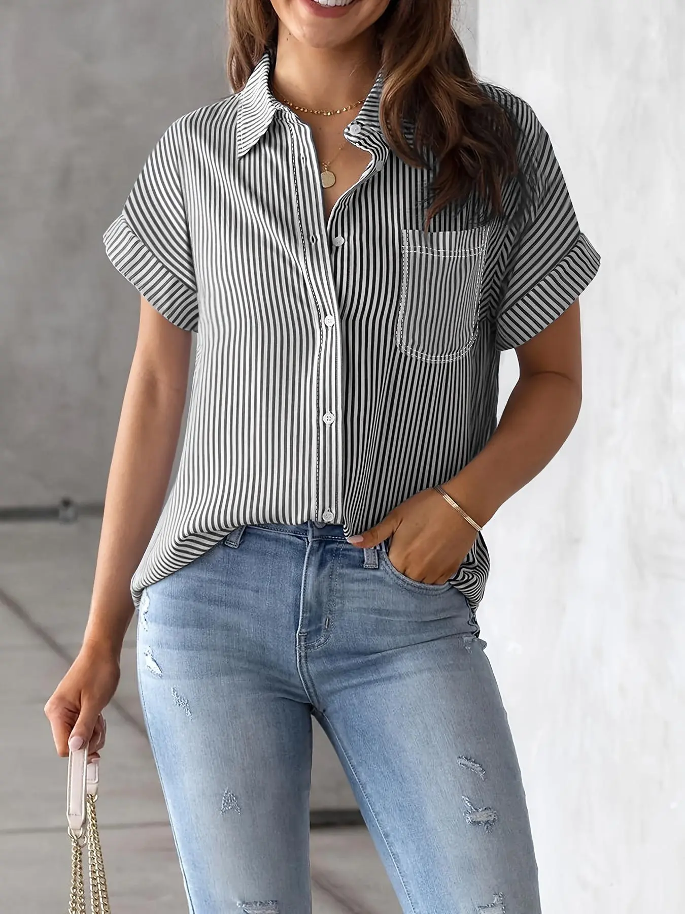 Women's Striped Print Button Front Woven Blouse, Fashion and Trends Casual Short Sleeve Collared Top for Summer, Ladies Clothes for Daily Wear Shirts