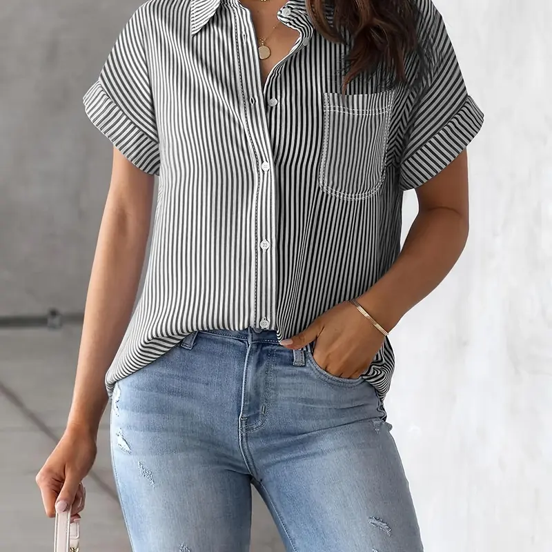 Women's Striped Print Button Front Woven Blouse, Fashion and Trends Casual Short Sleeve Collared Button Up Top for Summer, Ladies Clothes for Daily Wear Shirts