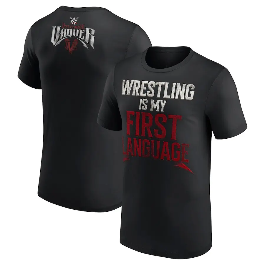 Women's Basic Casual Graphic T-Shirt - Men's Black Stephanie Vaquer "Wrestling Is My First Language" Short-Sleeve Tee, Unisex Wrestling Themed Top (Pairable with Jeans)