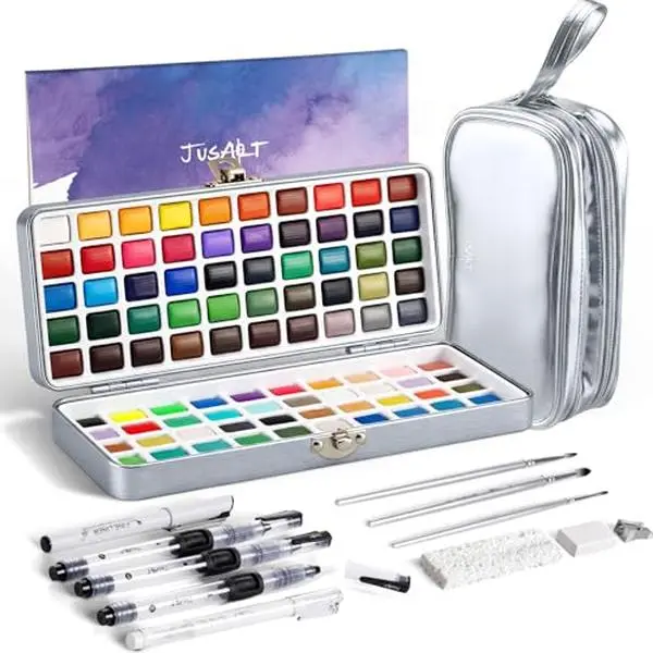 【Back to school shopping】 50 Colors Watercolor Paint Set,Art Supplies with Metallic Color, Detail Painting Brushes, Water Brush Pens, Portable Travel Watercolor Painting Kit for Artists, Professionals