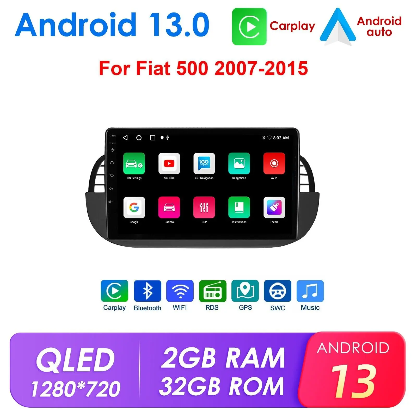 9 inch DSP Android 13 Touchscreen Car Radio Stereo for Fiat 500 (2007-2015) - Allwinner A100 Quad-Core CPU, DDR3 2GB Flash, GPS Navigation, CarPlay, Bluetooth, RDS, SWC, WIFI, Music, Mirror Link, Plug-In Setup Intelligent Multimedia System