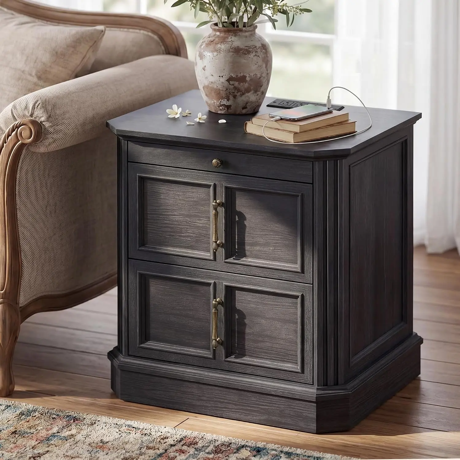 24.1" Tall Nightstand with Charging Station & Pull-Out Tray,19.7" Wide Wood Bedside Table w/2 Drawers & Vintage Handles,Beveled Profile Design,Large Farmhouse End Side Table for Bedroom