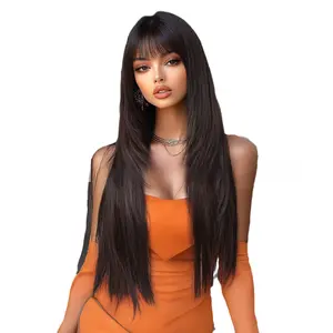 Long Straight Wig With Bangs 28inch Synthetic Heat Resistant Fiber for Daily Party Everyday Wear