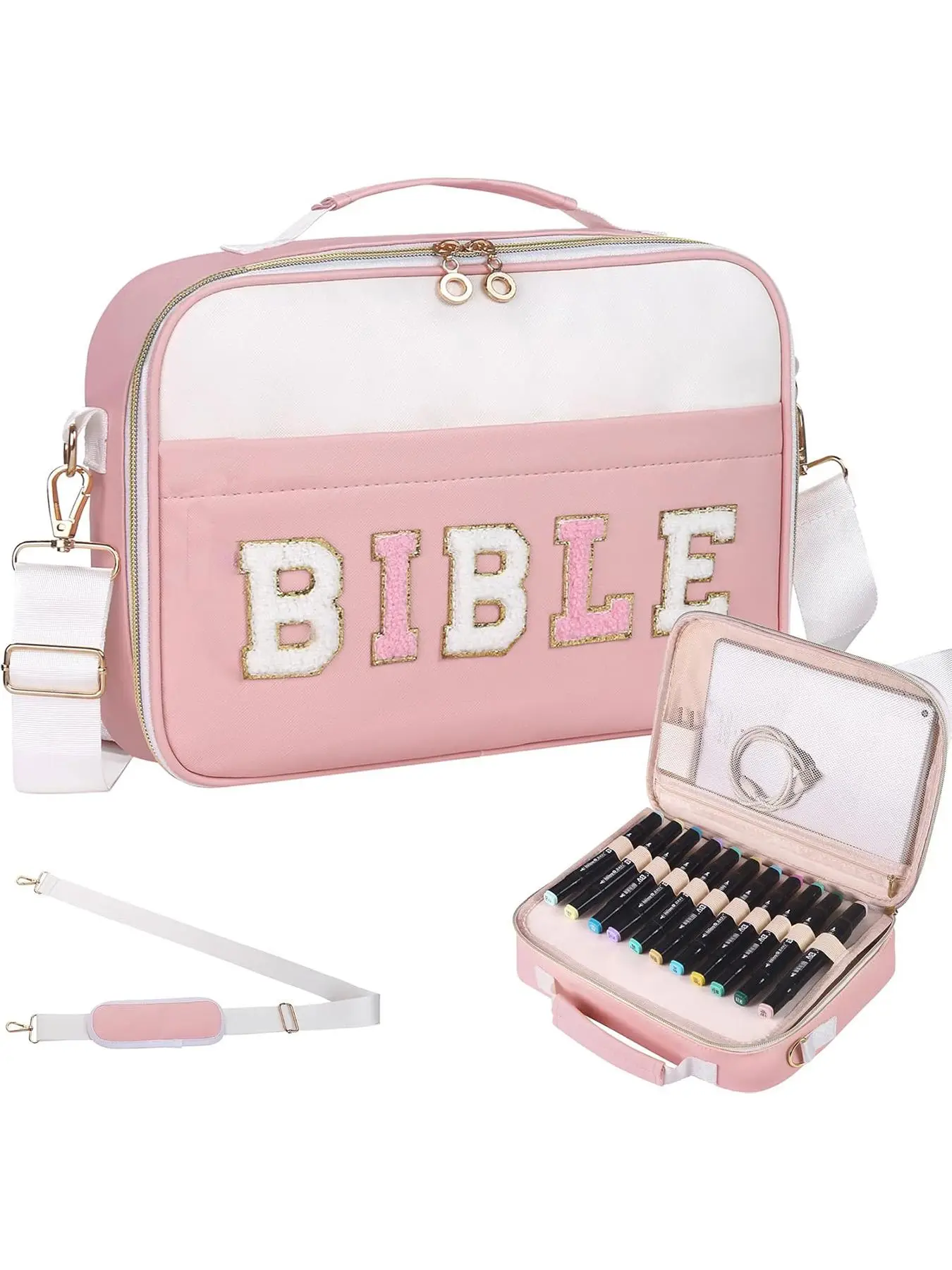 Women's Elegant Letter Pattern Bible Cover with Detachable Pencil Case, Fashionable Pastel Color Zipper Bible Bag, Casual Trendy Versatile High-qualit