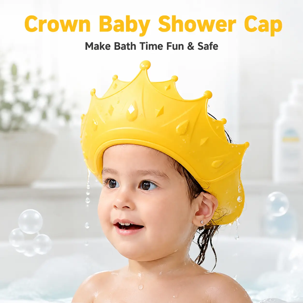 Baby Shower Cap Shield - Skin-Friendly Soft Adjustable-Size Kids Visor Hat for 0-9 Years Old Children, Eye Protection, Ear Protection, Cute Crown Shape for Fun Bath Time (Yellow)