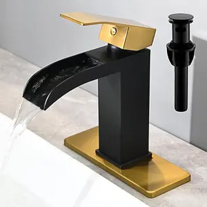 Black and  Waterfall Bathroom Faucet - 4In Single Handle Bathroom Sink Faucets 1 or 3 Hole Solid  Faucet with Deck Plate & Overflow Pop Up Drain