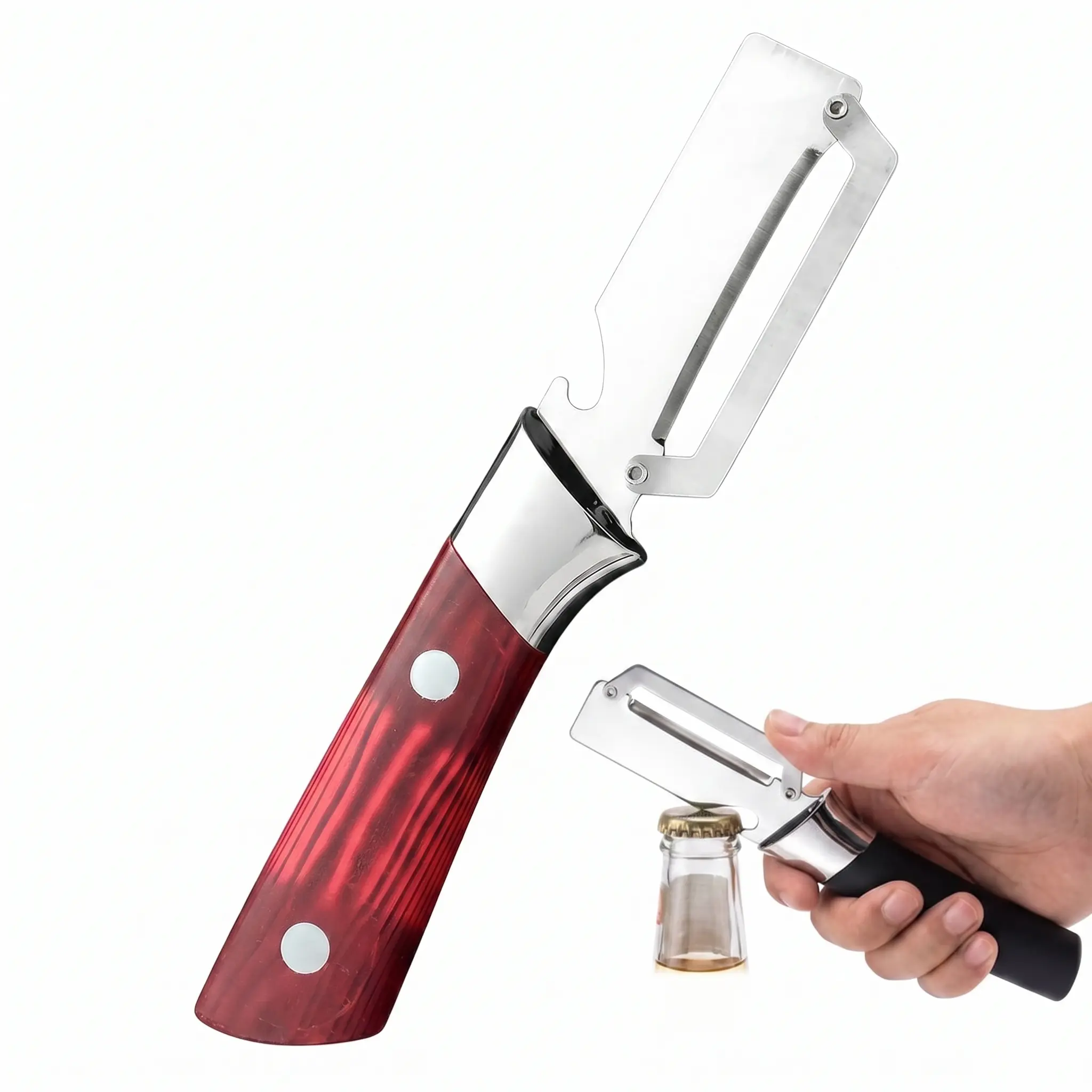 [Summervibes] 2-Piece Multi-Functional Peeler Set, Ultra-Sharp Stainless Steel Blade Kitchen Tool with Wooden Handle & Bottle Opener for Vegetable and Fruit Peeling