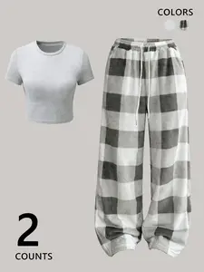 2-Piece Cozy Loungewear Pajama Set: Plaid Baggy Pants + Fitted Crop Top! Soft, Stylish, Casual, & Versatile—Perfect for Chill Days or Trendy Outfits. Multiple Colors Available! Viral TikTok-Worthy Comfort You’ll Live In!