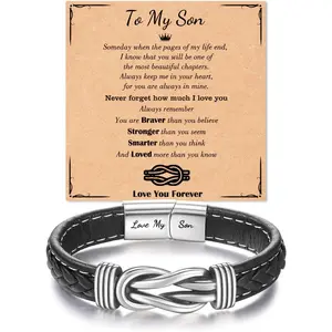 Braided Leather Bracelet For Men Forever Linked Together Stainless Braided Leather Knot Cuff Bracelet Birthday Gift for Son/Grandson/Nephew With Gift Card