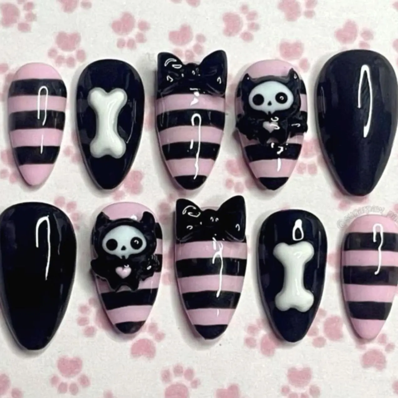 Black Pink Goth Press On Nails, Bone Charm, Devil Character, Stripe Pattern, Dark Kawaii Alternative Handmade Nail Set