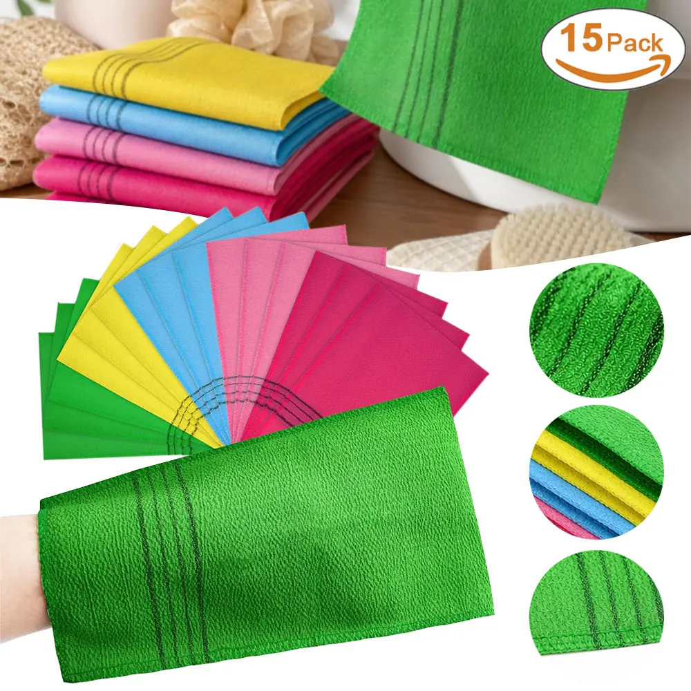 Women's 15-Piece Korean Exfoliating Body Scrubber Gloves Set - 100% High Quality Viscose Rayon Hand Mitt, Gentle Durable Cleansing Accessory for Skin Exfoliation on Arms, Legs - 5 Colors Cloth Bath Accessory