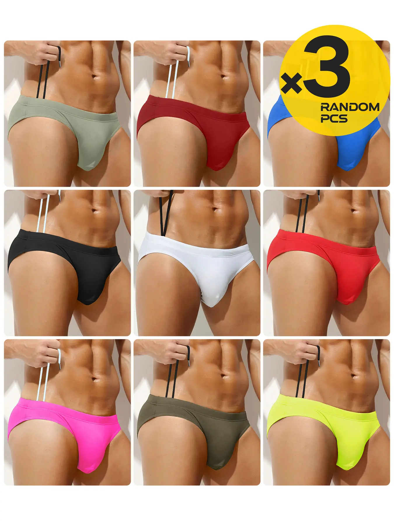 Three-piece sets in random, Varied colors. Solid-color, simple drawstring triangle pants for swimming. Nylon, comfortable, tight-fitting men's triangle pants. Bikini-style men's swimming pants. Beach and pool-side underwear. Swimwear Clothing