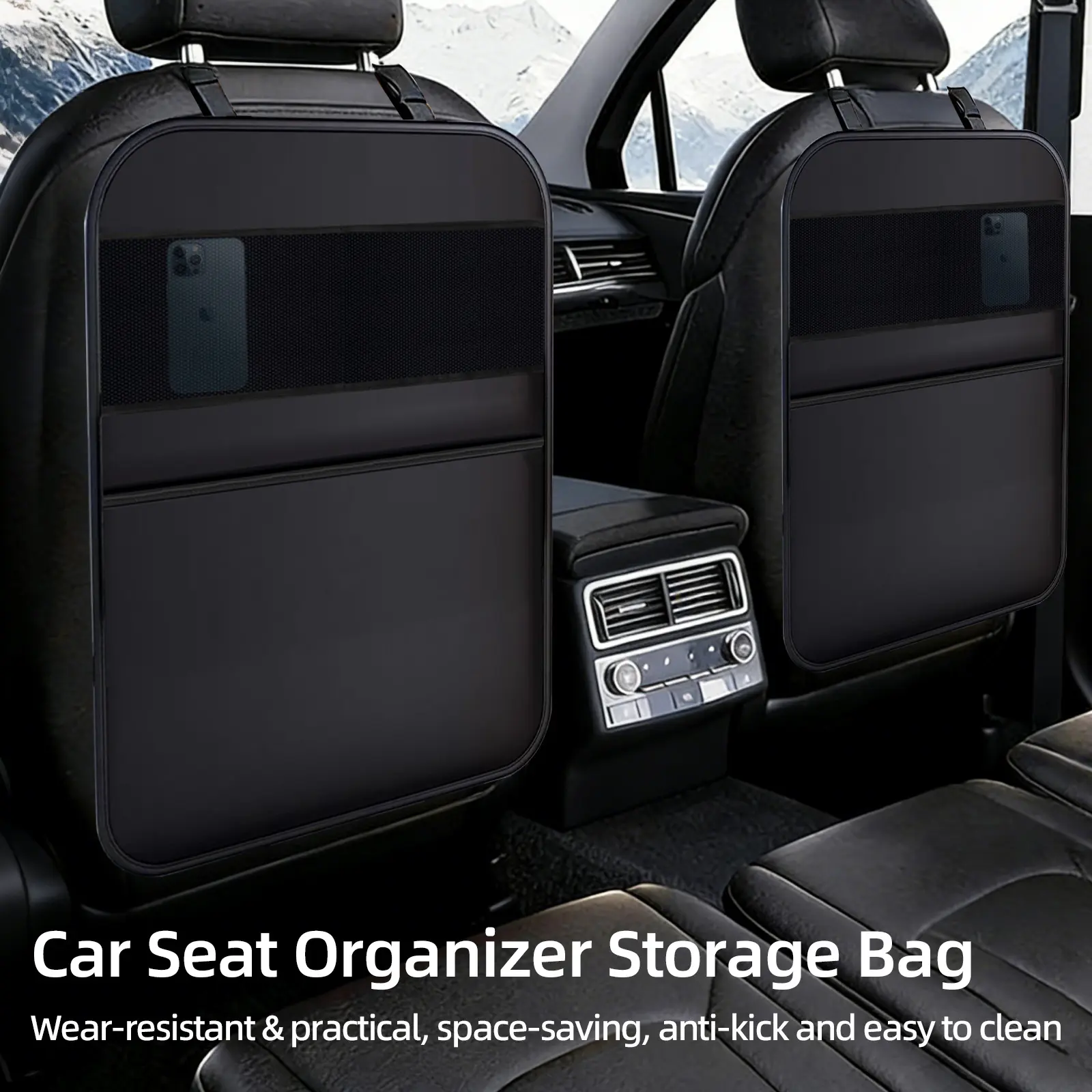 2-Pack PU Leather Car Kick Mats with Organizer - Car Organizers, Backseat Protectors for SUV/Minivan/Truck, Universal Fit Automotive Interior Parents’ Kids Safety Stowing Tools, 2 Pack Car Kick Mats