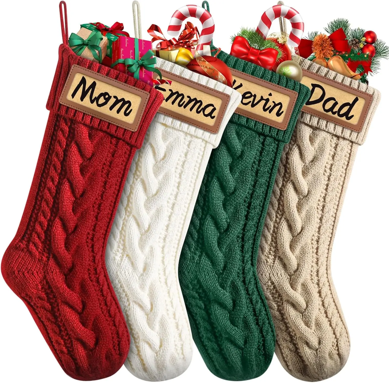 4 count Personalized Christmas Stockings with Leather Patches Custom Name, 18  Large Knitted Christmas Stockings for , Family, Holiday and Fireplace Party Decoration