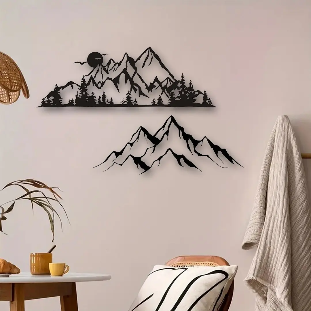 Iron Wall Art with Mountain and Forest Theme, Large Metal Wall Sculpture for Rustic and Modern Home Decor, Wall Decoration, Perfect for Living Room & Bedroom