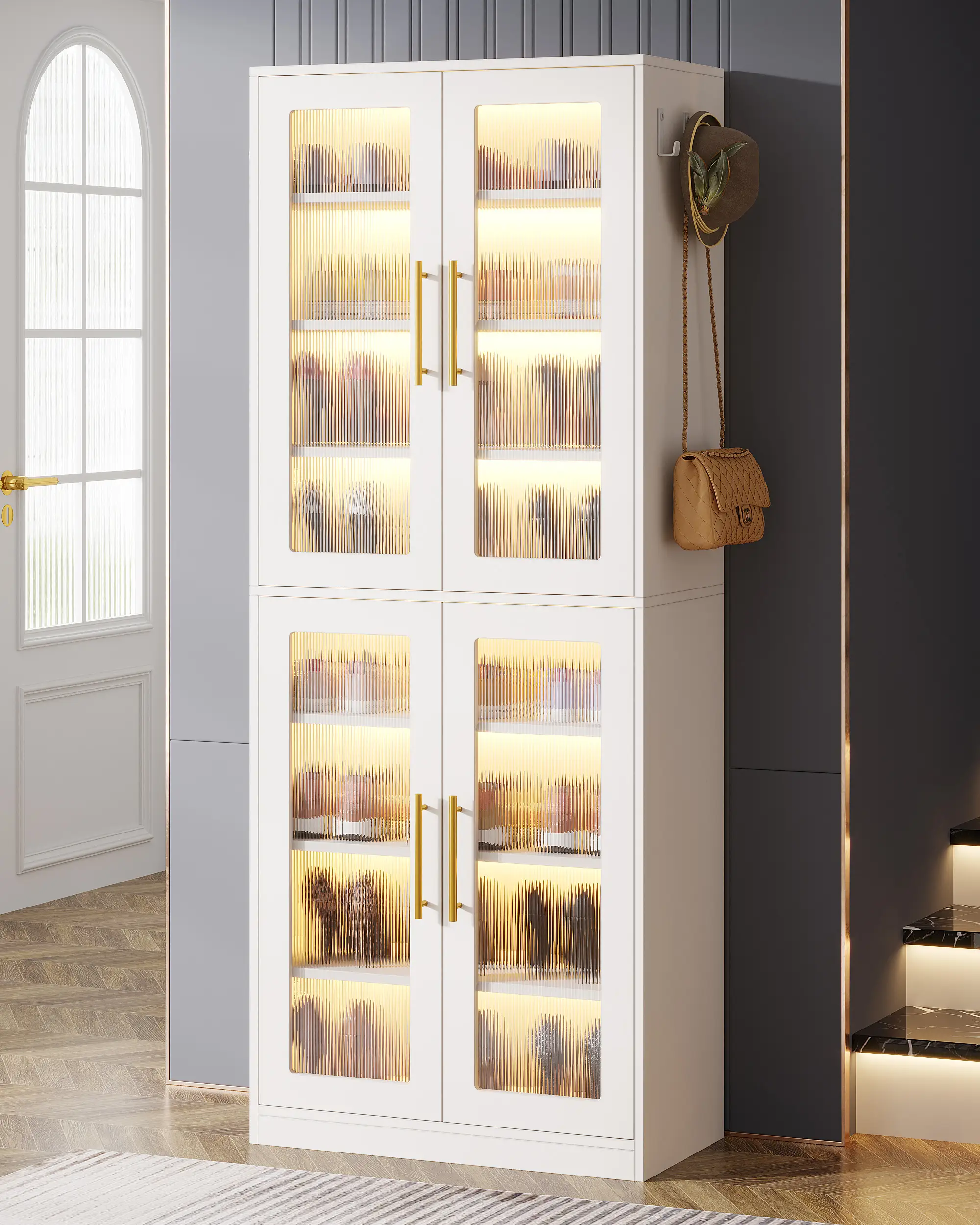 Tribesigns 8-Tier Acrylic Doors Shoe Cabinet with LED Lights Adjustable Entryway Shoe Rack