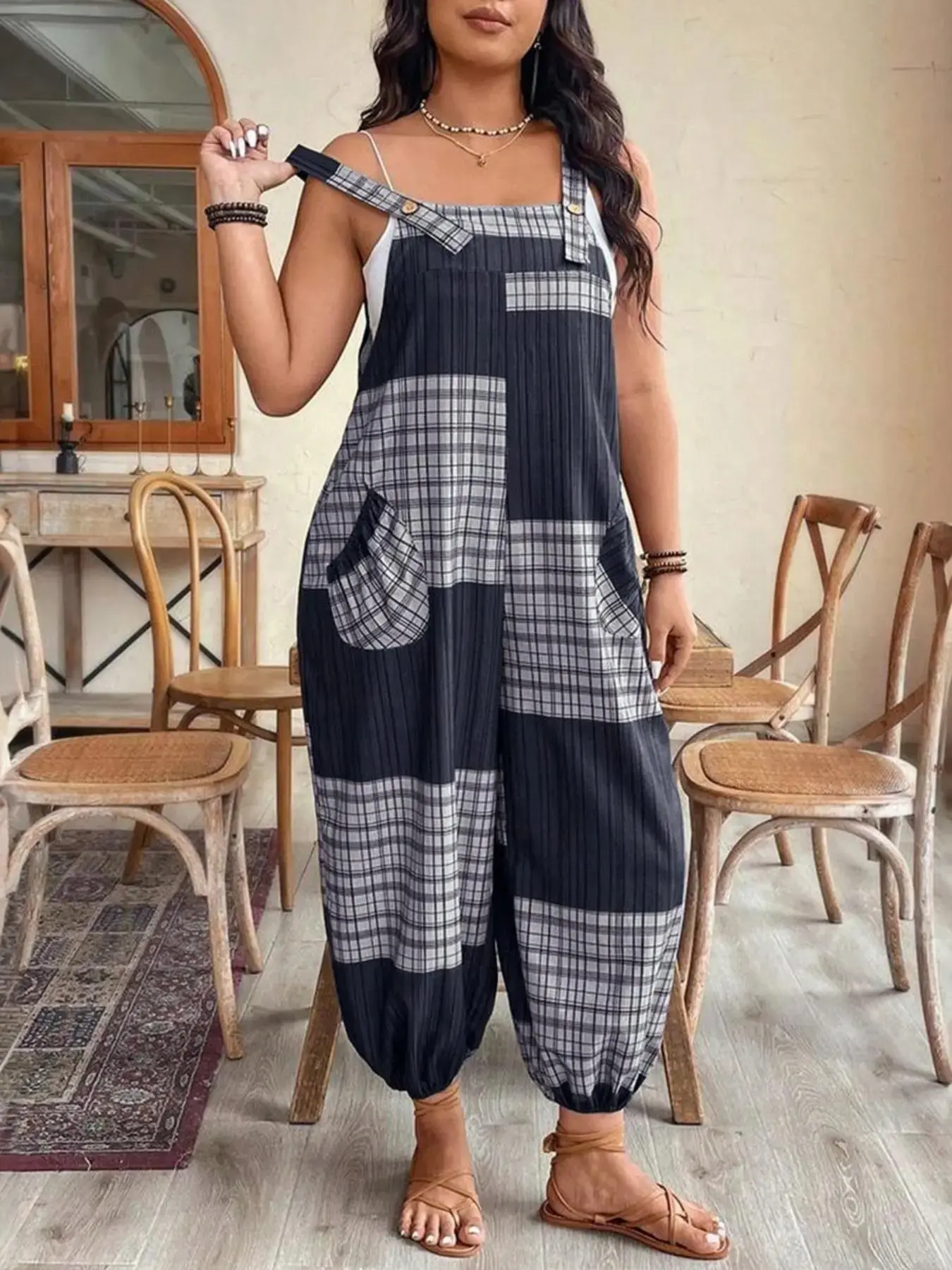 [Plus Size] Geometric Fitted Overalls Jumpsuit, Casual Comfy Sleeveless Jumpsuit for Daily Wear, Women's Plus Womenswear Clothing for All Seasons, Overall Jumpsuits