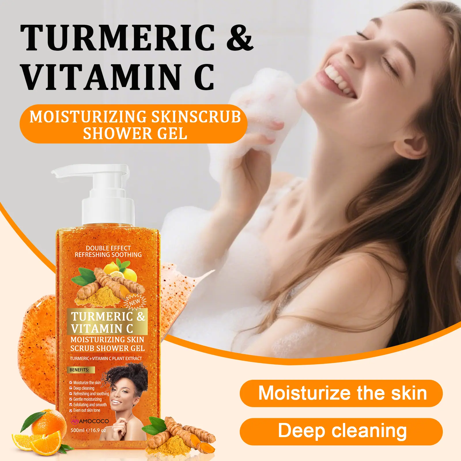 Turmeric Body Wash with Natural Turmeric Extract, Gentle Daily Cleansing, Rich Lather, Moisturizing & Refreshing, Soothes and Conditions Skin, Leaves Skin Smooth Soft & Healthy-Looking, Suitable for All Skin Types, Mild for Men Women and Daily Shower Care