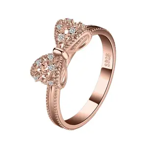 S925 Rose Gold Bow Ring Cubic Zirconia Paved Band for Women Girls Fashion Accessory for Engagement Wedding Anniversary Birthday Gift Daily Wear