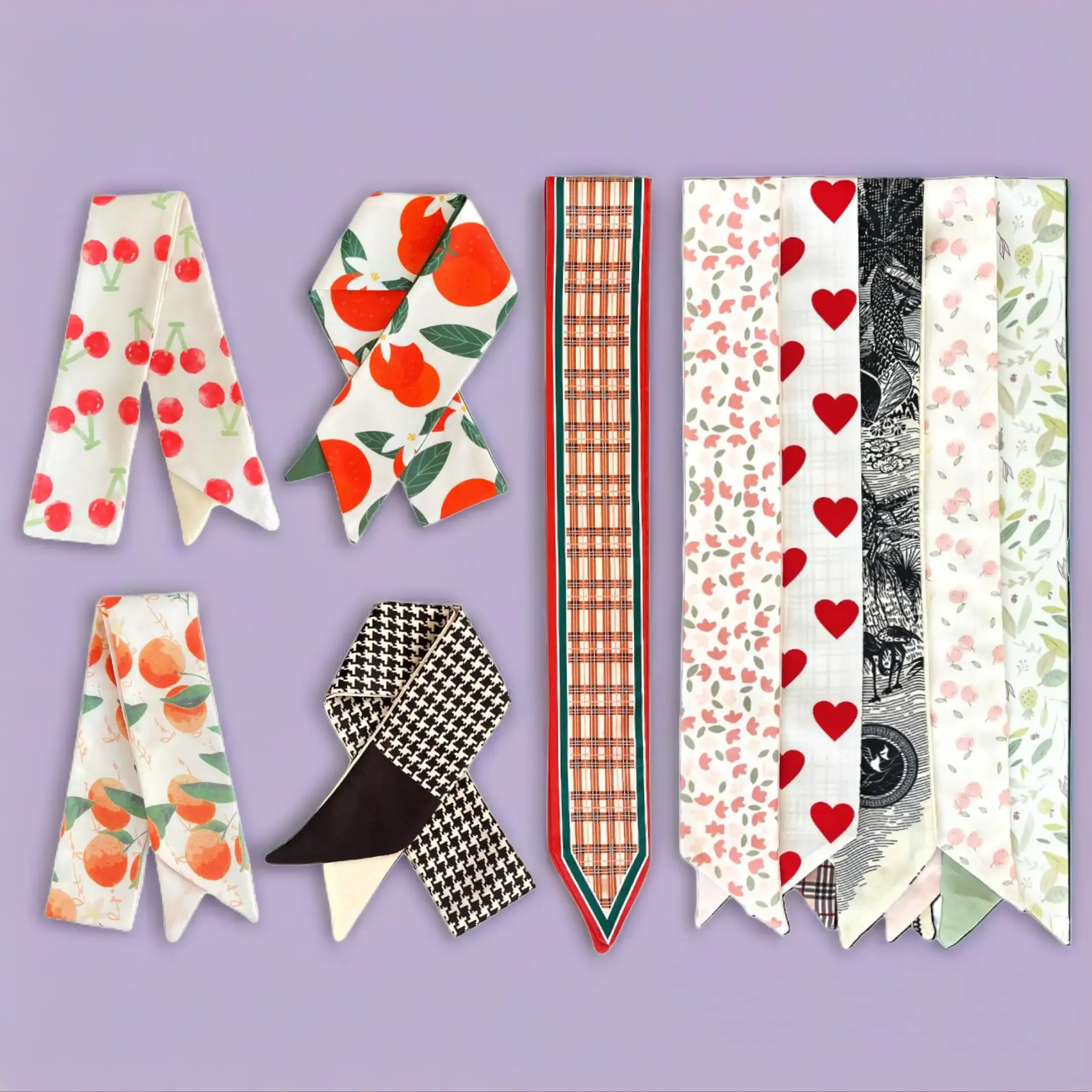 10 pieces Ribbon Scarf Set, Skinny Hair Scarf, for Handbag Handle, for Bag, Wrist, Purse Scarf, Headband, Ponytail, Stylish Printed Fashion Accessories for Women Girls