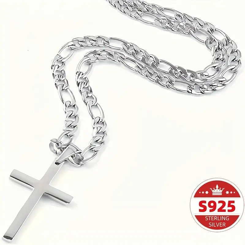 1pc S 925 Silver Cross Pendant Necklace, 23.6 Inch Figaro Chain, Easy Cross Jewelry Gift